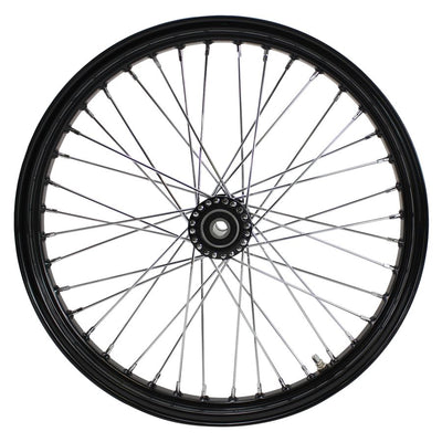 A Moto Iron® Black Front 40 Spoke Spool Hub Wheel 21 x 2.15, with sealed rim and 3/4" bearings, on a white background.