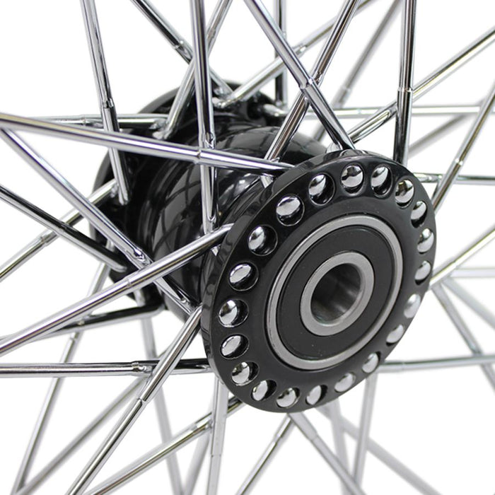 Two Moto Iron® 40 Spoke 21" x 2.15" Chopper Spool Wheels—one with a black rim, one with a chrome rim—are shown beside bold "21&