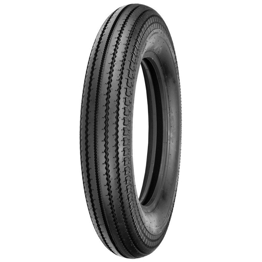 A blackwall tire, specifically the Shinko 270 Vintage Style Front Tire 4.00-19 61H, with a classic appearance sits on a white background.