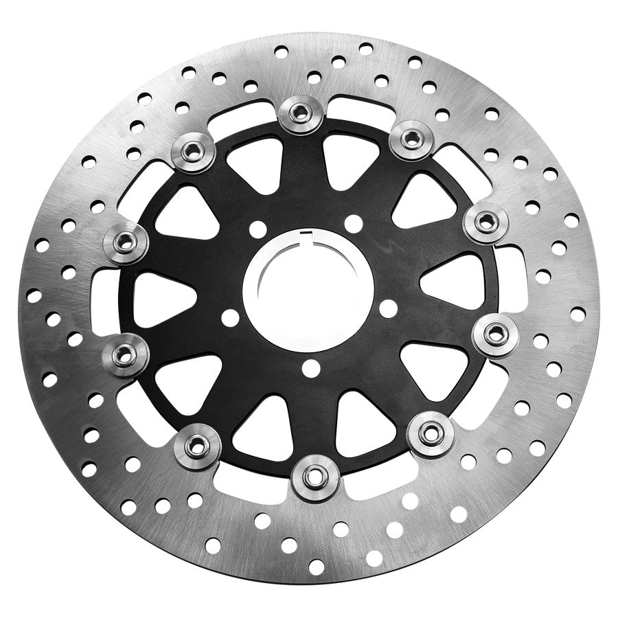 A TC Bros. 11.5in Rear Floating Brake rotor that fits 1984-2022 Harley Models, featuring CNC machined floating billet aluminum carriers, is showcased against a clean white background.
