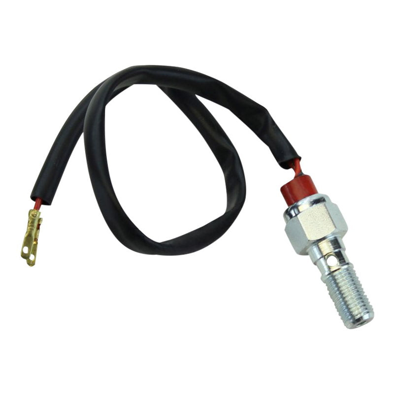 A Goodridge Banjo Bolt Brake Switch 3/8"-24 Threads with a red wire attached to it.