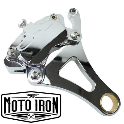 The Moto Iron® Springer Front End Brake Caliper Kit Left Side Chrome, a high performance 4 piston caliper, is shown on a white background.
