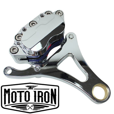 The Moto Iron® Springer Front End Brake Caliper Kit Left Side Chrome is shown on a white background.
