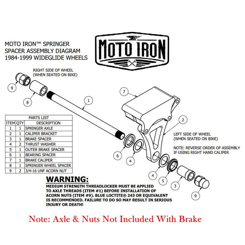 A diagram showing the parts of the Moto Iron® Springer Front End Brake Caliper Kit Left Side Chrome and maintenance parts.