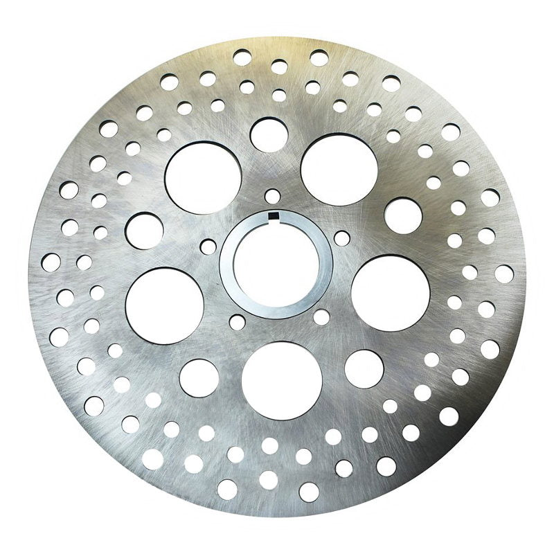 A Moto Iron® 11.5" Front Brake Rotor Harley Softail, Dyna, & Sportster 1984-2013 Satin (fits Moto Iron Springer) made of stainless steel with holes, ideal for a sleek satin finish look, on a white background.