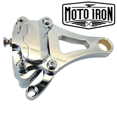 The Moto Iron® Springer Front End Brake Caliper Kit Right Side Chrome, featuring stainless steel pistons, is shown on a white background.