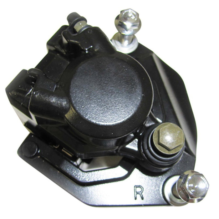Close-up of a black mechanical component with metal bolts, marked "R," likely part of the Mikes XS Yamaha XS650 Front Right Brake Caliper for 1977-1984 models.