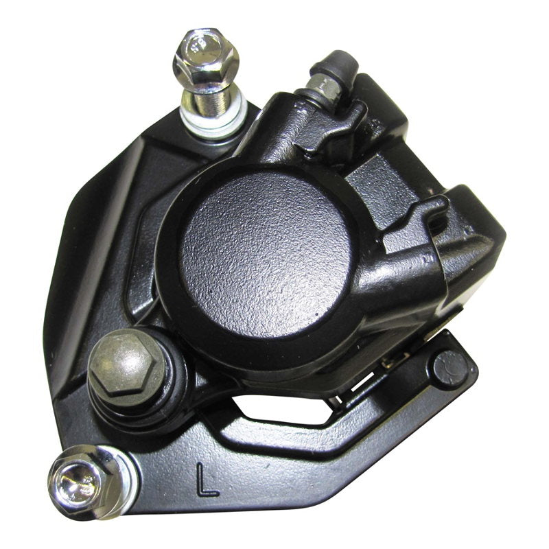 Close-up of a black mechanical component with bolts and a round central part, likely the Front Left Brake Caliper for a Yamaha XS650 (1977-1984) by Mikes XS.