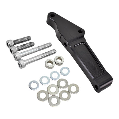 A TC Bros. 12.6in Black Front Radial Brake Bracket 2000-17 Harley handlebar bracket with sportbike calipers for enhanced stopping power and front brake conversions, secured by nuts and bolts.