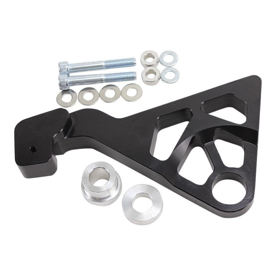 A black TC Bros. 2000-2005 Harley Dyna Rear Radial Brake Bracket with a bolt and nut for a motorcycle, offering performance improvements.