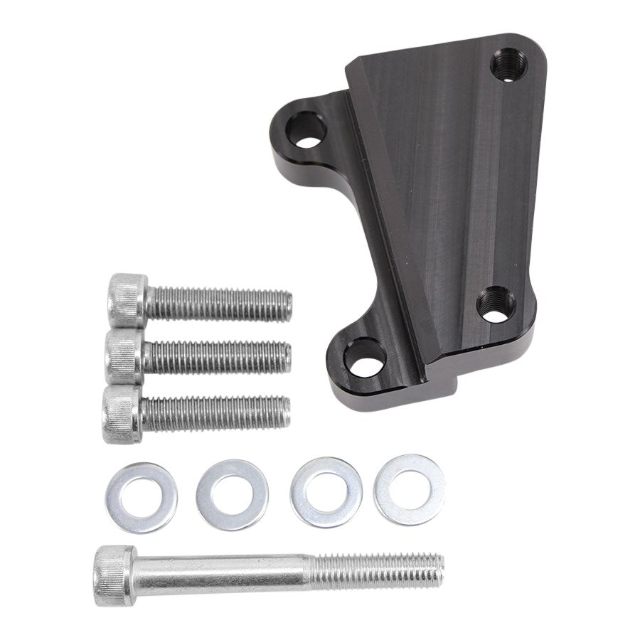 A black TC Bros. 12.6in Black Front Brake Bracket 2008-17 Harley OEM LH Caliper with bolts and screws.