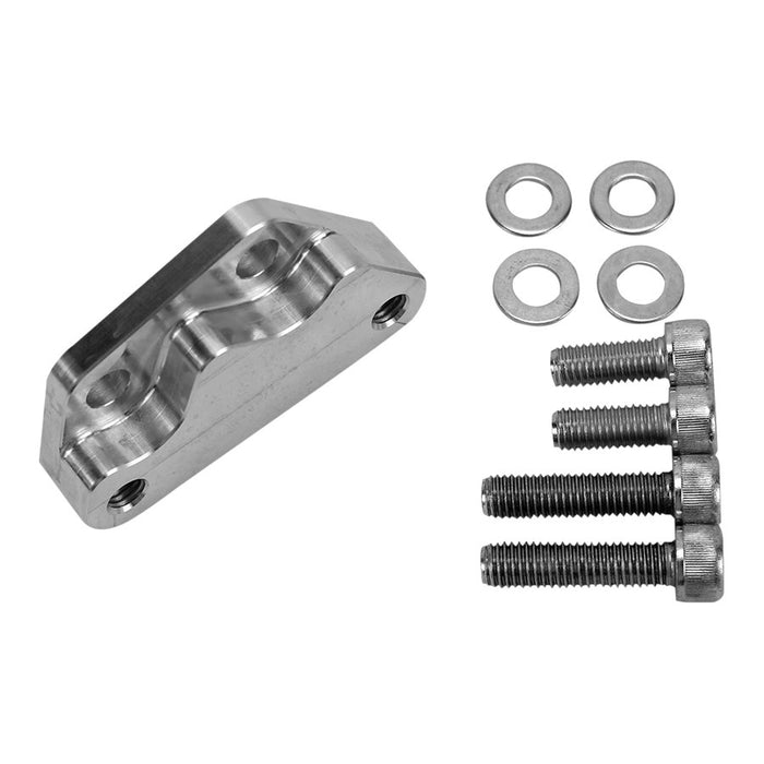 The TC Bros. Axial Brembo Front LH Bracket 2000-2017 Harley Stock Rotor features a metal mounting bracket with an engraved TC Bros. logo, accompanied by four washers and four hex screws.