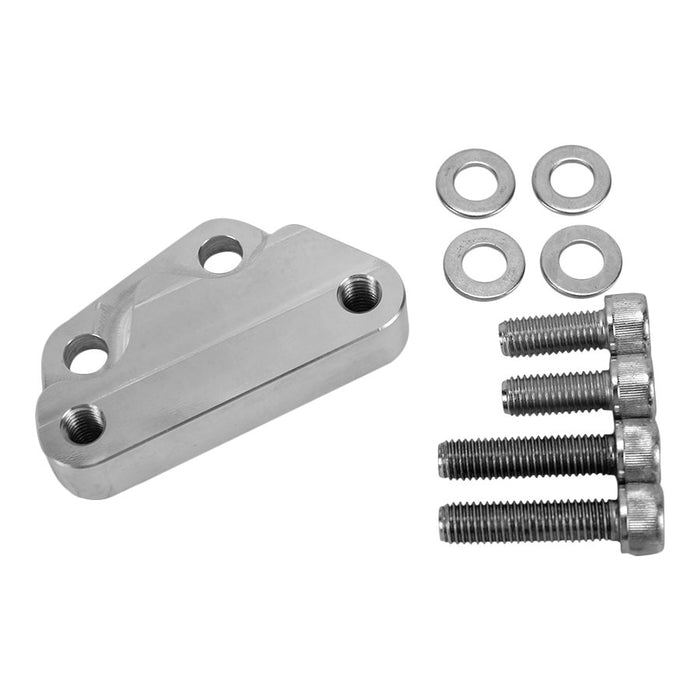 The TC Bros. Axial Brembo Front LH Bracket 2000-2017 Harley Stock Rotor features a metal mounting bracket with an engraved TC Bros. logo, accompanied by four washers and four hex screws.