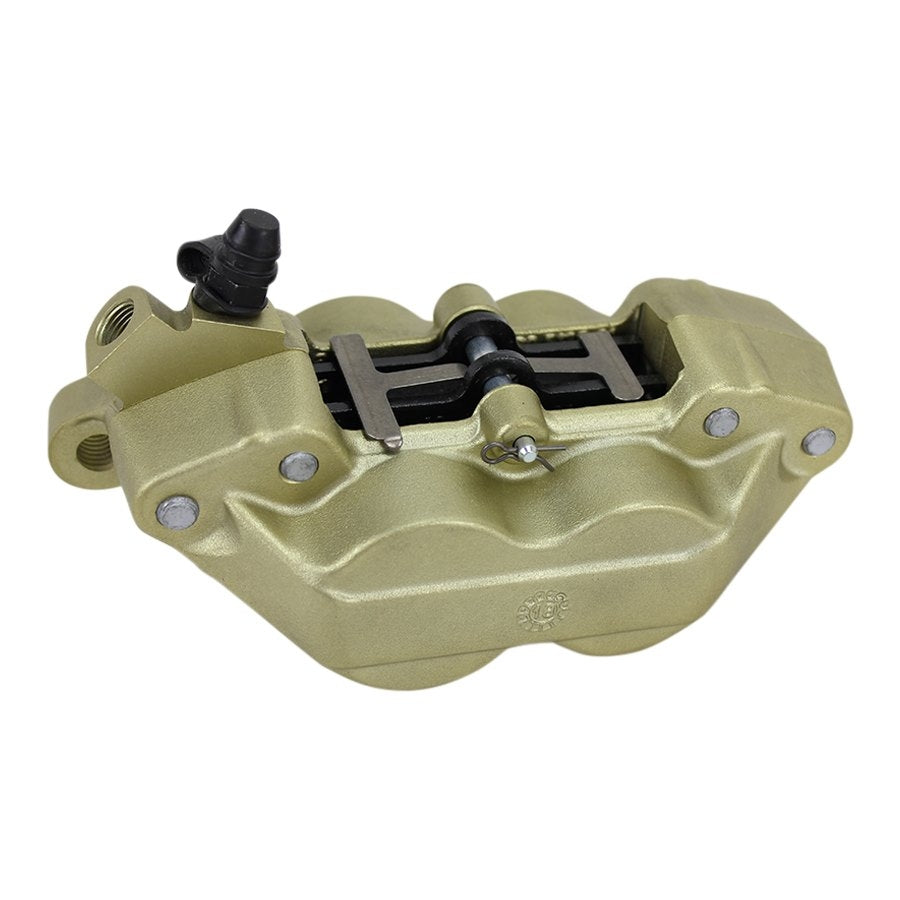 A gold Brembo P4 Axial Brake Caliper Right Side Gold 4 Piston, on a white background.