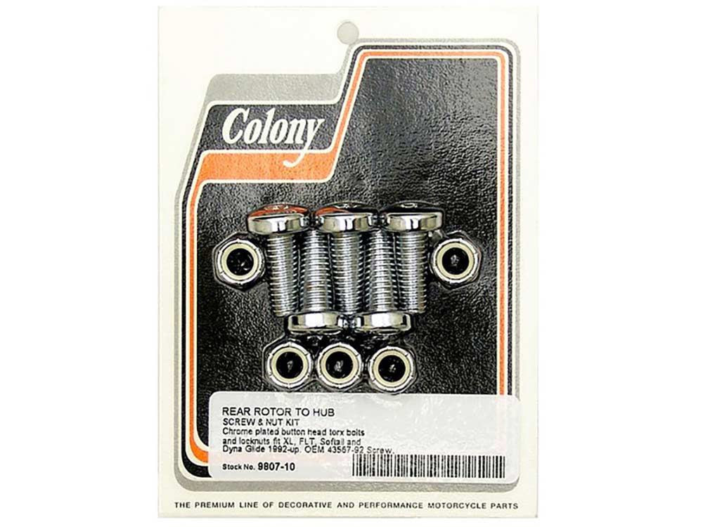 A package with a set of Colony Machine Colony #9807-10 Disc Rear Brake Rotor Torx Bolt set Chrome 43567-92 bolts and nuts.