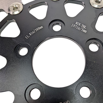 A TC Bros. 11.8in Rear Floating Brake Rotor for 2008-23 Harley Touring Models, made of high carbon stainless steel, designed for Harley Davidson FLH & FLT Touring Models, showcased on a clean white background.