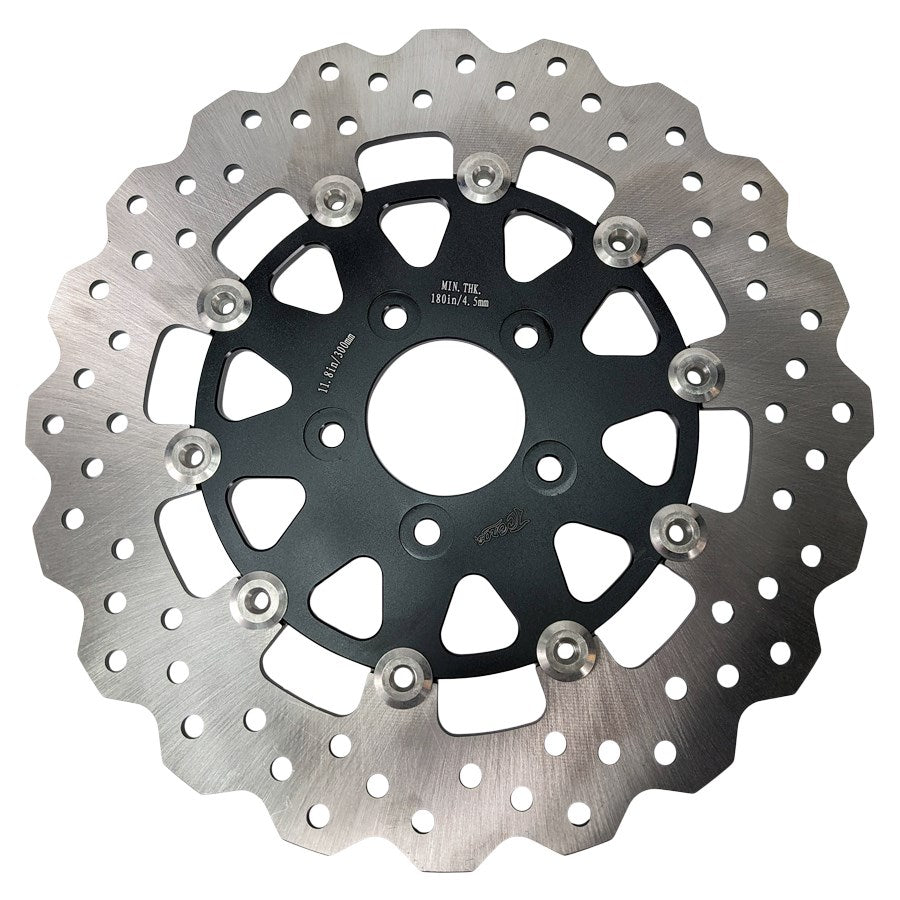 An image showcasing a TC Bros. 11.8in Profile™ Front Floating Brake Rotor for 2006-23 Harley Models, made with high carbon stainless steel friction material, against a clean white background.