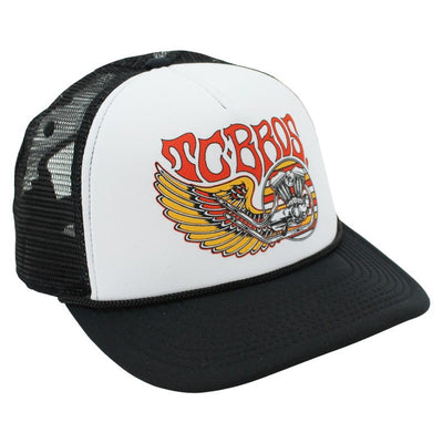 A TC Bros. Wing Trucker Hat - White/Black with an orange and black design, featuring an adjustable snapback closure.