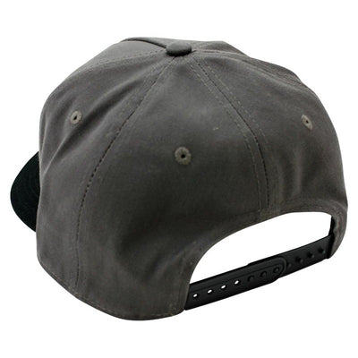 The back of a TC Bros. Shield Snapback Hat - Charcoal/Black made of cotton twill fabric.