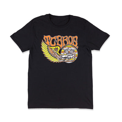 A black TC Bros. Wing T-Shirt with an orange and black design.
