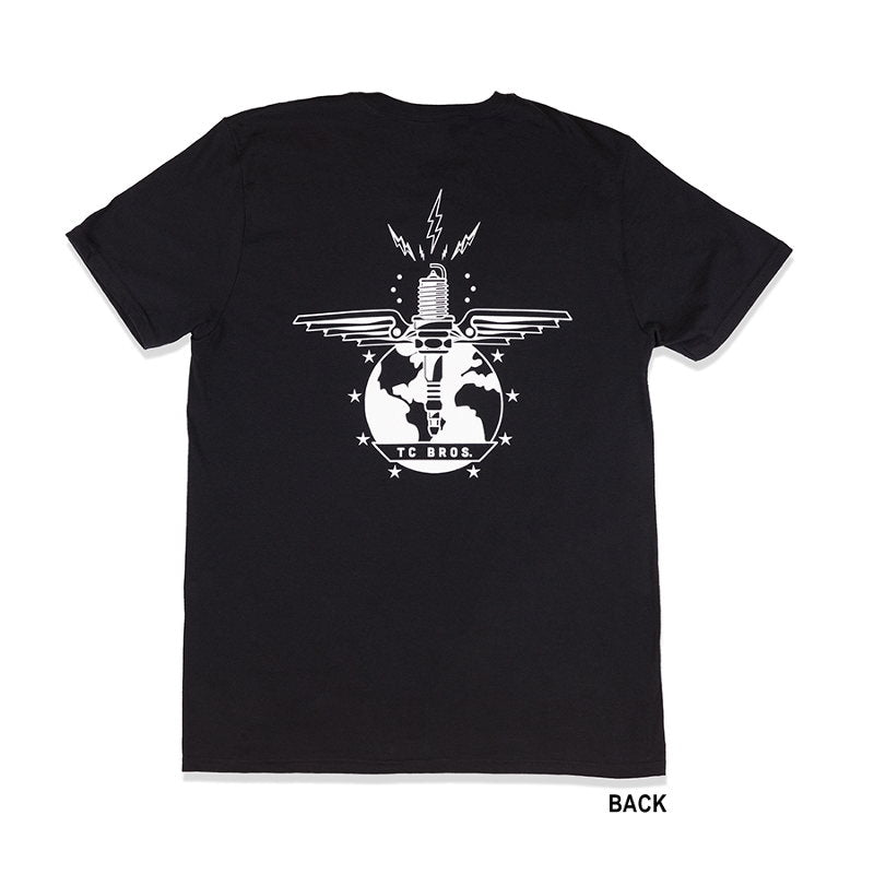 A black TC Bros. Ignition T-Shirt with a white airplane on it.