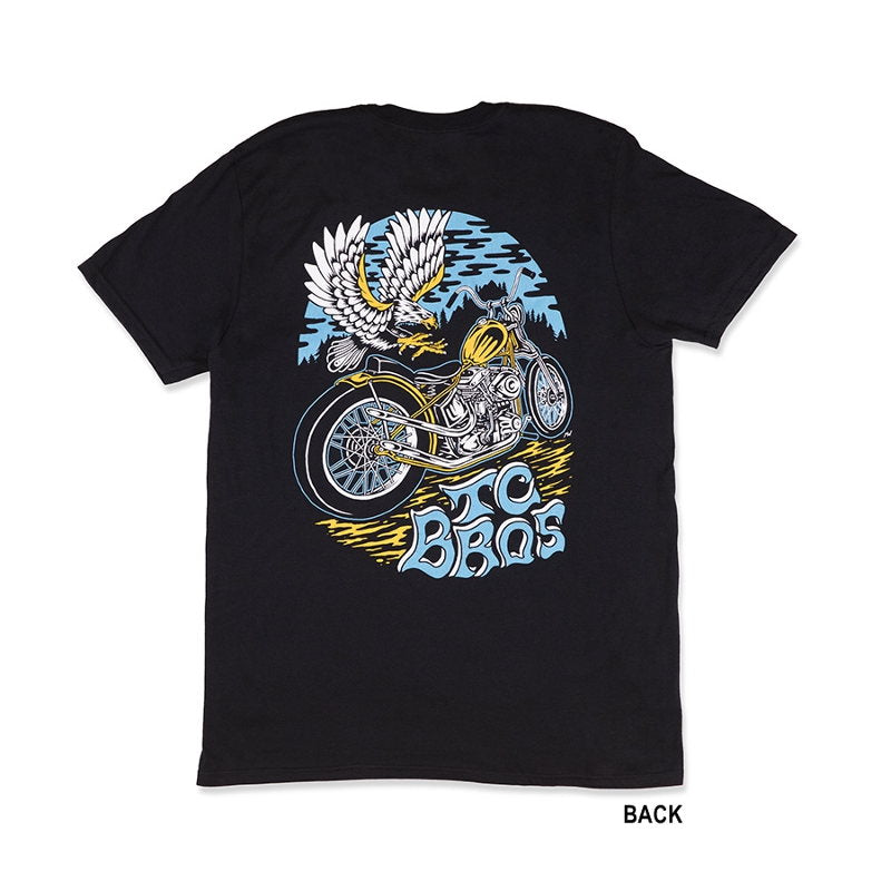 A black TC Bros. Eagle T-Shirt with an image of a motorcycle.
