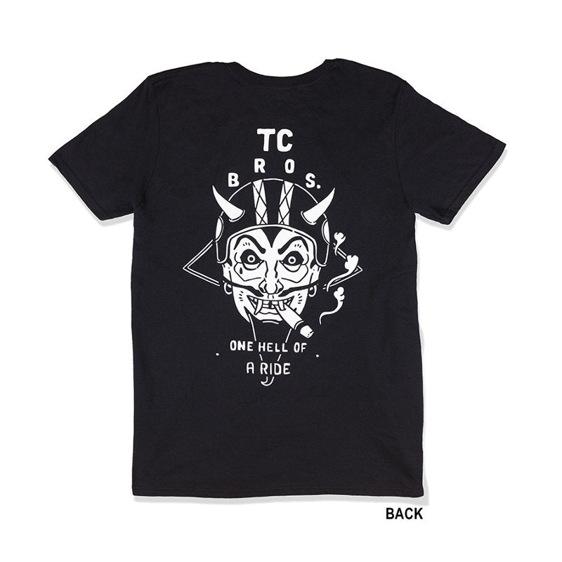 A black TC Bros. Devil T-Shirt with an image of a skull and crossbones.