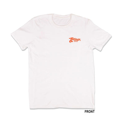 A white TC Bros. Classic T-Shirt with an orange logo on it.