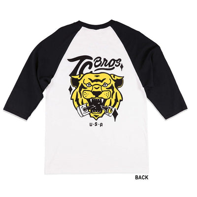A black and white TC Bros. Tiger Raglan t-shirt with a tiger on it.