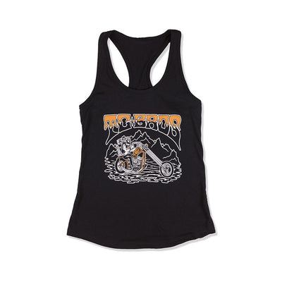 A fitted black TC Bros. Women's Drifter Tank top with an image of a motorcycle.