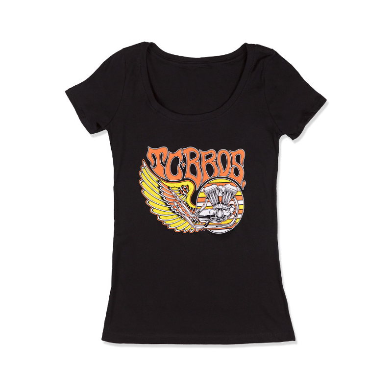 A TC Bros. Women's Wing Tee - Black with a TC Bros. design.