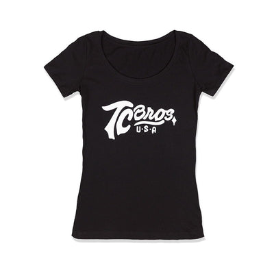 A TC Bros. black t-shirt with the word teos on it.