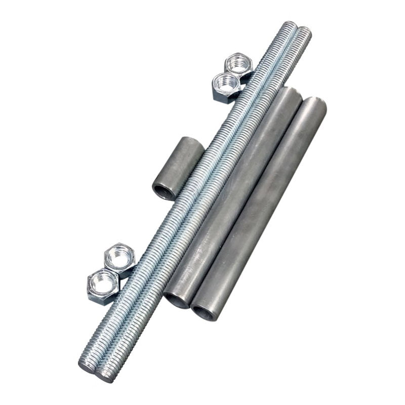 A set of steel rods, nuts, and Chop Source 5/8" Diameter Axle and Spacer Kit for Chop Source Frame Jigs on a white background.