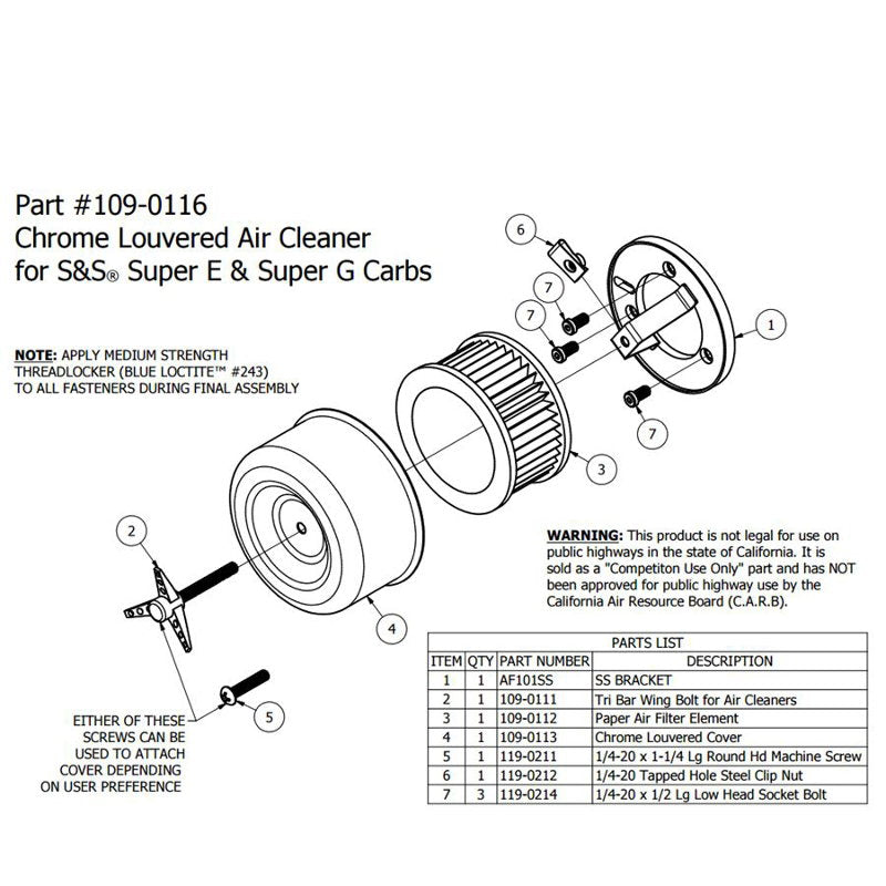 A diagram showing the parts of a TC Bros. Chrome Louvered Air Cleaner for S&S Super E & G Carbs.