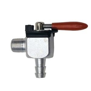 A Moto Iron® 1/4" Fuel Valve Petcock 90 Degree with a red handle on a white background.