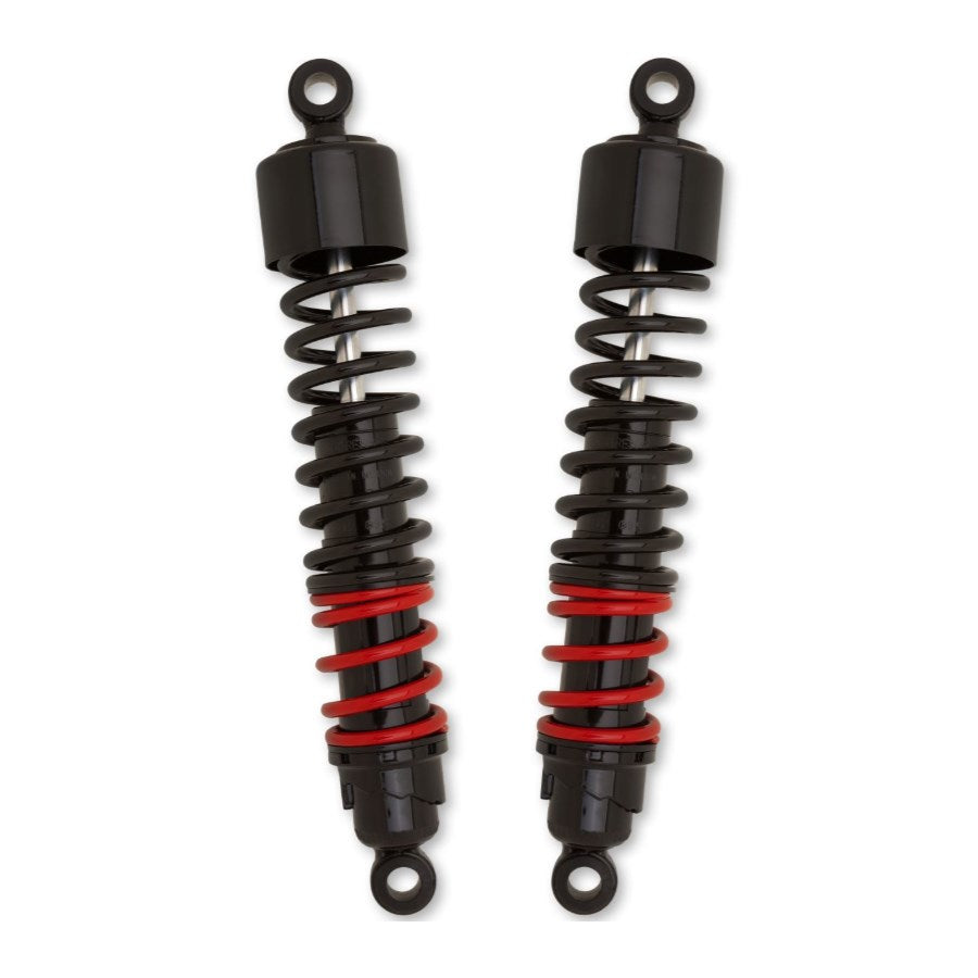 A pair of Burly Stiletto 15" Shocks for Harley Davidson Sportster XL 1986-2003 in black and red provide a plush ride on a white background.