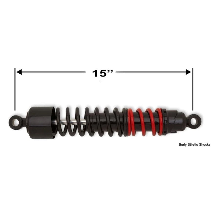 A Burly Stiletto 15" Shocks for Harley Davidson Sportster XL 1986-2003 shocks for a motorcycle, providing plush ride and exceptional suspension travel.