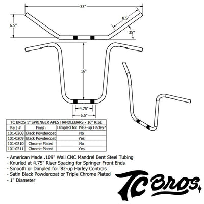 A diagram illustrating the dimensions of TC Bros. 1" Springer Apes Handlebars - 16" Black, available in either dimpled or non-dimpled styles, commonly known as Springer Apes Handlebars.