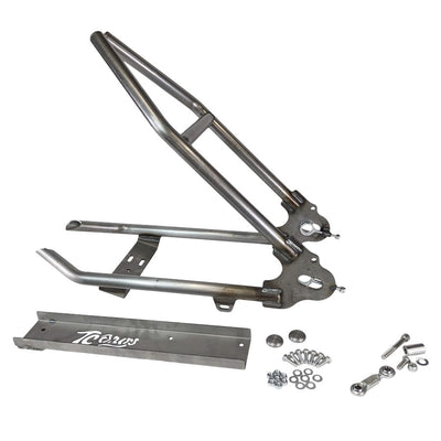A set of steel parts for a motorcycle, including a TC Bros. Sportster Hardtail Kit For 2004-2013 (Weld On) fits Stock 130-150 Tire and a rubber mount.