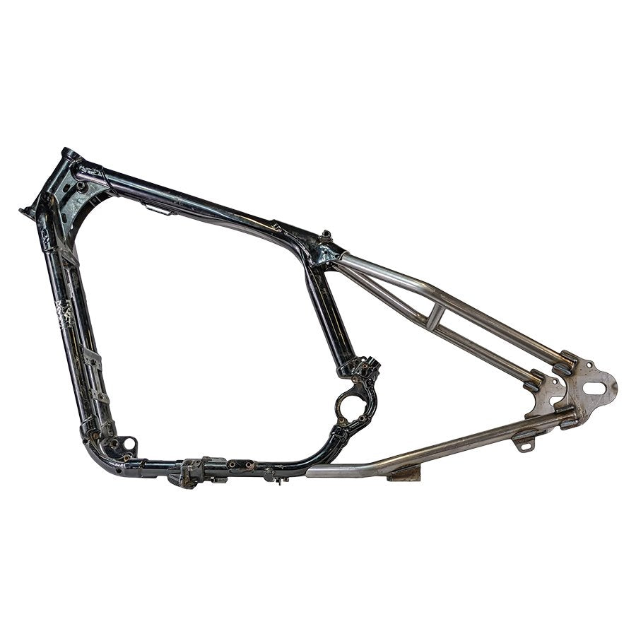 A motorcycle frame with a TC Bros. Sportster Hardtail Kit For 2004-2013 (Weld On) fits Stock 130-150 Tire on a white background.