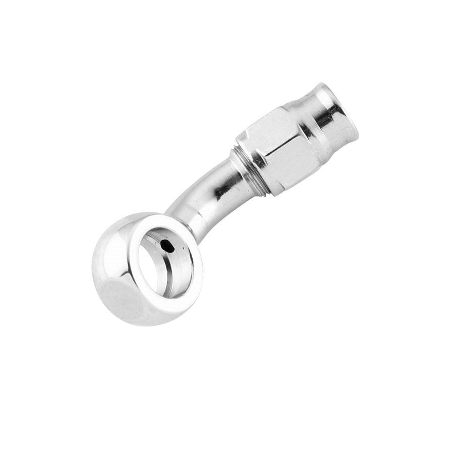 An image of a Goodridge 3/8" (10mm) 20 Degree Banjo Brake Line Fitting (Cut To Length Style) - Chrome with a chrome finish on a white background.