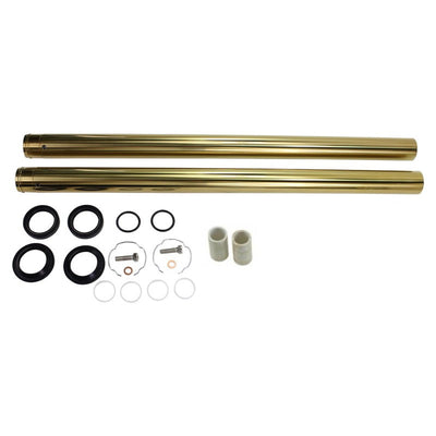 A set of brass **Gold Titanium Nitride Coated Fork Tubes +2" Length 39mm** and seals for a **TC Bros. Sportster/ Dyna Narrow Glide** motorcycle.
