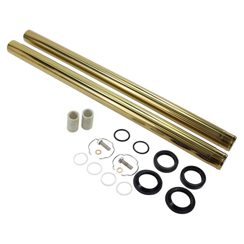 A set of TC Bros. Gold Titanium Nitride Coated Fork Tubes +2" Length 39mm for Sportster/ Dyna Narrow Glide motorcycle.