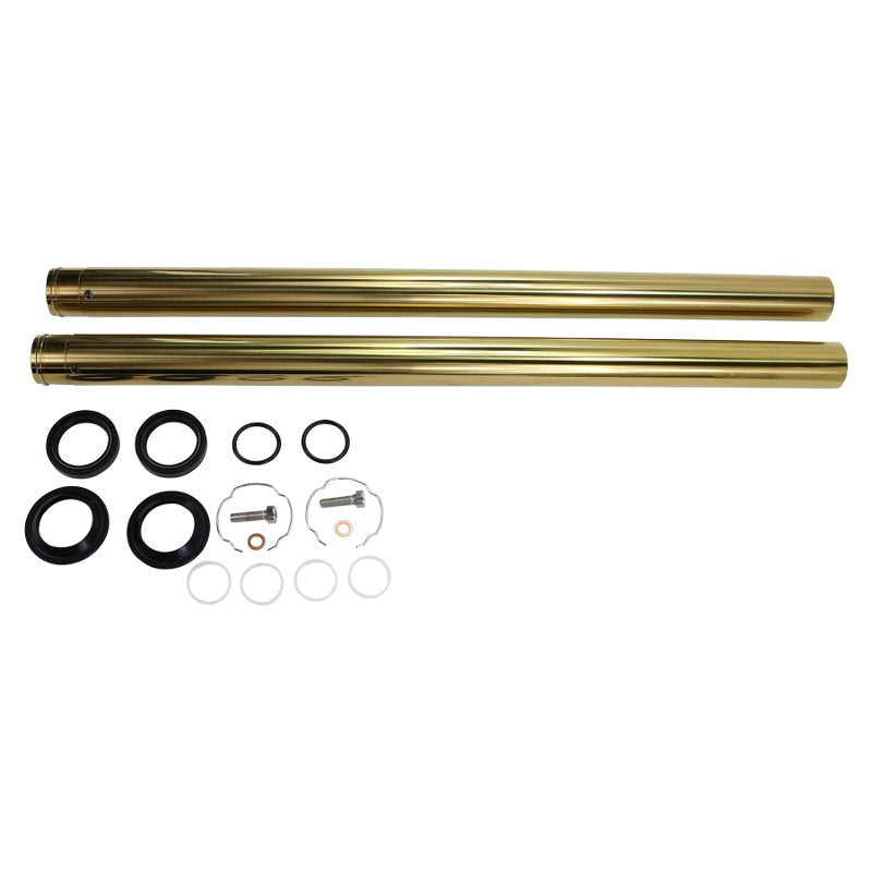 A set of Gold Titanium Nitride Coated Fork Tubes Stock Length 39mm for Sportster/ Dyna Narrow Glide from TC Bros. with a gold titanium nitride coating on a white background.