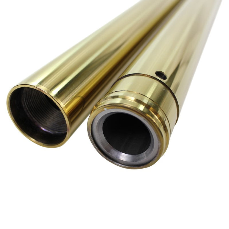 Fitment Notes: Two brass TC Bros. Fork Tubes with a Gold Titanium Nitride Coating on a white background.