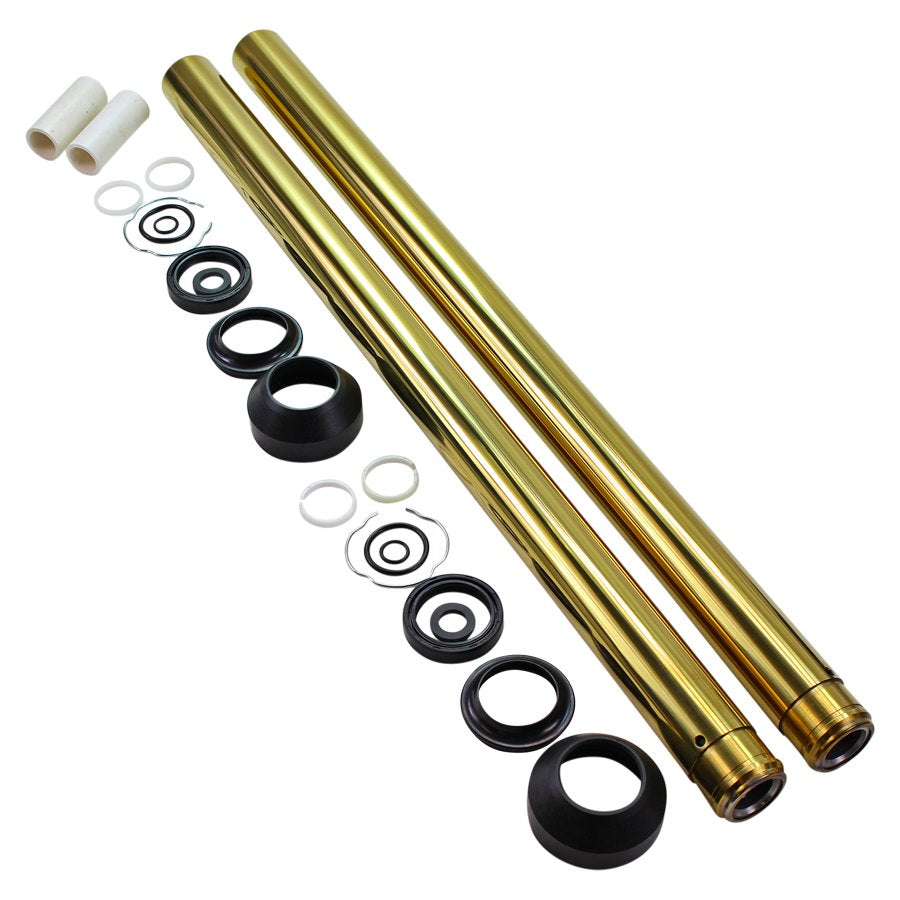 A set of brass hoses and seals with TC Bros.'s Gold Titanium Nitride Coated Fork Tubes "+2" Length" 41mm for FXST/ FXDWG Dyna Wide Glide for a motorcycle.