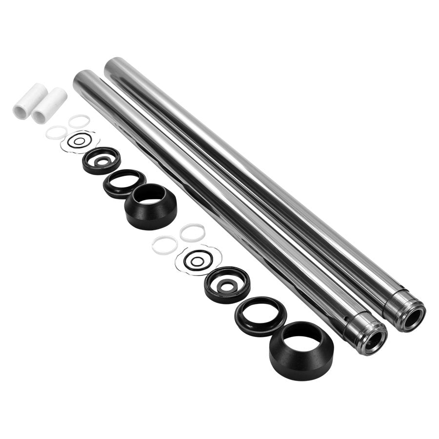 A set of TC Bros. Extended Fork Tube Kit Chrome +2" Length 41mm for FXST/ FXDWG Dyna Wide Glide with hard chrome plating on a white background.