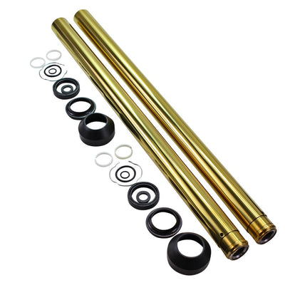 A set of Gold Titanium Nitride Coated Fork Tubes "Stock Length" 41mm for FXST/ FXDWG Dyna Wide Glide, manufactured by TC Bros., with gold-plated piston rods and seals.