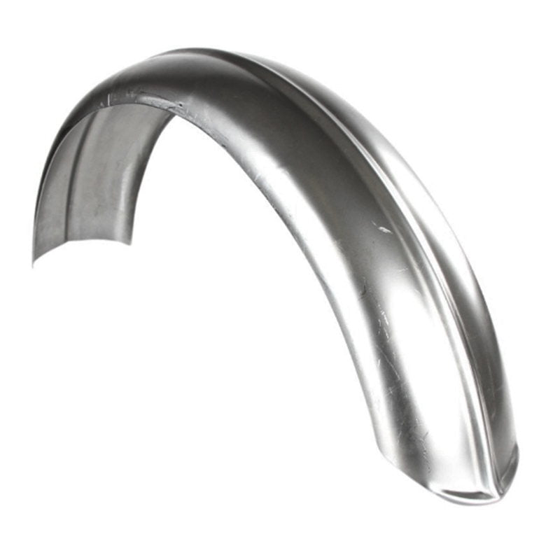 A high quality Moto Iron® 6" Wide Raw Steel Ribbed Bobber Fender on a white background.