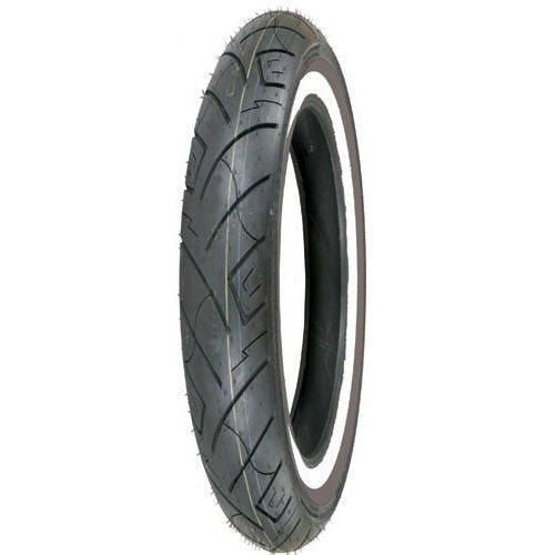 A Shinko 90/90-21 54H Front White Wall Tire SR777 with a whitewall on a white background.